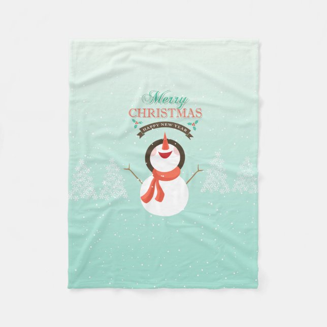 Cute Snowman With Merry Christmas Typography Fleece Blanket (Front)