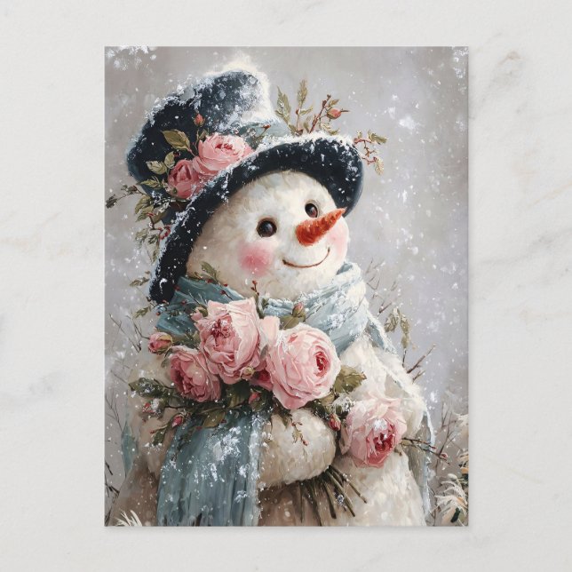 Cute Snowman with Pink Roses Postcard (Front)