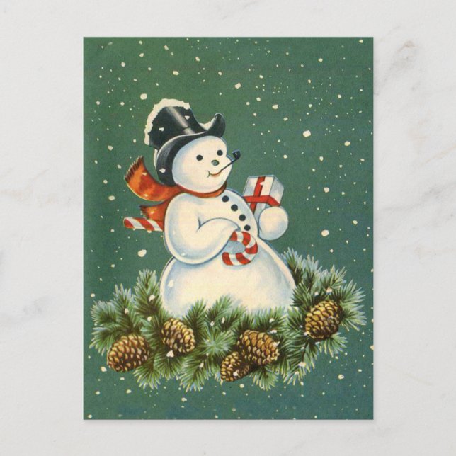 Cute Snowman with Present on Pinecorn Wreath Postcard (Front)
