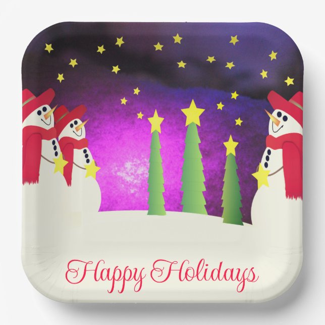 Cute Snowman With Red And Purple Paper Plate (Front)