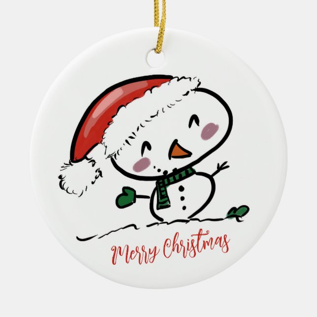 Cute Snowman with Santa Hat Ceramic Tree Decoration (Front)
