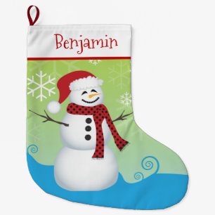Cute Snowman with Santa Hat Large Christmas Stocking