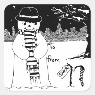 cute snowman with scarf and hat black and white square sticker