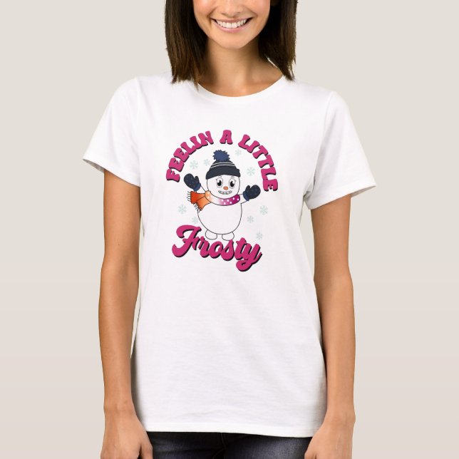 Cute Snowman With Scarf in Lesbian Flag Colours T-Shirt (Front)
