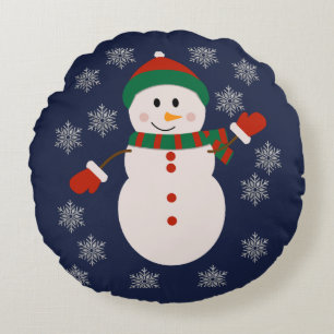 Cute Snowman with Silver Snowflakes Christmas Desi Round Cushion