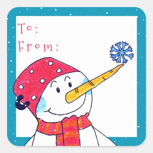 Cute Snowman with Snowflake Christmas Gift  Square Sticker (Front)