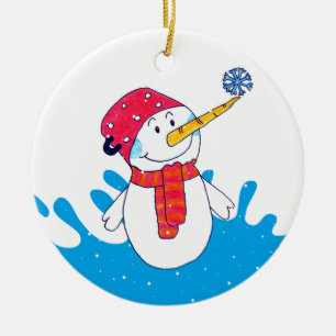 Cute Snowman with Snowflake Kids Ceramic Tree Decoration
