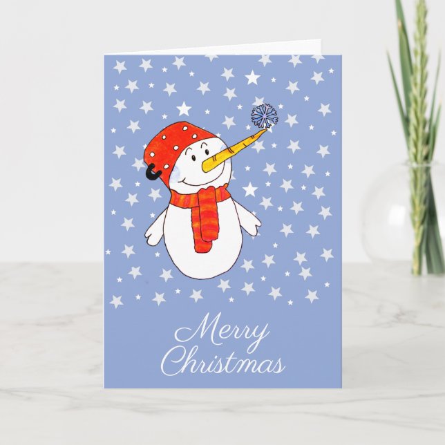 Cute Snowman with Snowflake Stars Christmas Holiday Card (Front)