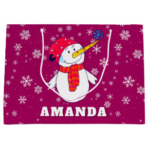Cute Snowman with Snowflakes Kids Christmas Large Gift Bag