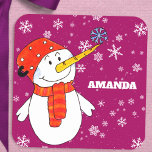 Cute Snowman with Snowflakes Kids Christmas Square Sticker<br><div class="desc">Cute Snowman with Snowflakes Kids Christmas Square Sticker. Snowman Christmas holiday gift sticker for children. Christmas present sticker - personalise the sticker with child`s name. The sticker has a cute snowman with a snowflake on his nose. The background is purple with beautiful white snowflakes in different sizes and shapes. Make...</div>
