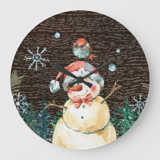 Cute Snowman & Woodland Animals Christmas Cute Large Clock (Front)