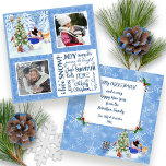 Cute Snowman Woodland Snow Christmas Family Photos Holiday Card<br><div class="desc">Adorable Snowman and his woodland animal friends decorate a Christmas tree in a snowy forest. A deer, owl, rabbit, hedgehog and red Cardinal bird help celebrate the holiday. Typography text word art conveys much of what gives us joy in this season. Two family photographs can be personalised along with your...</div>