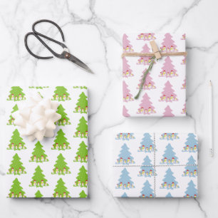 Cute snowmen and Christmas tree pattern holiday Wrapping Paper Sheet