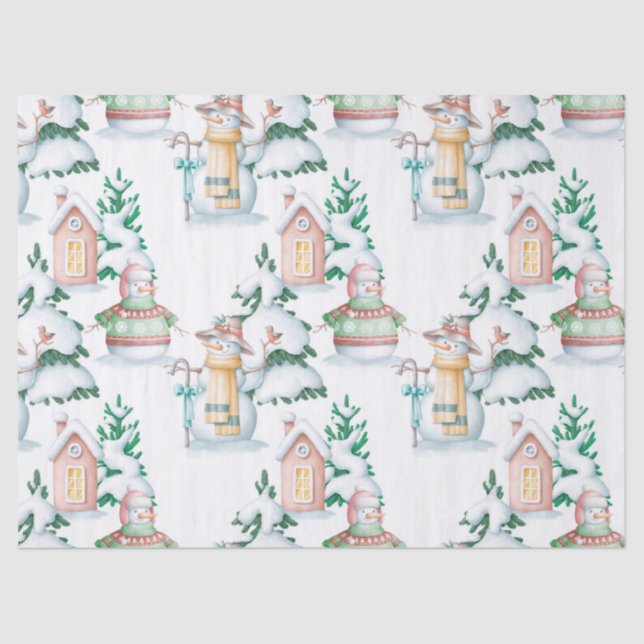 Cute Snowmen and Christmas Trees Decoupage Tissue Paper (Front)