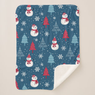 Cute Snowmen and Christmas Trees Pattern Sherpa Blanket