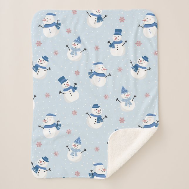 Cute Snowmen and Christmas Trees Pattern Sherpa Blanket (Front)