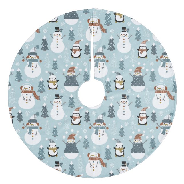 Cute Snowmen and Penguins Fleece Tree Skirt (Front)
