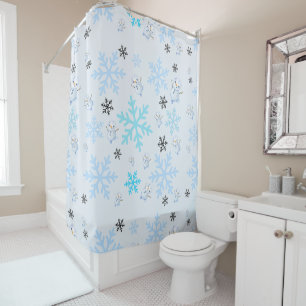 Cute snowmen and snowflakes in light blue shower curtain