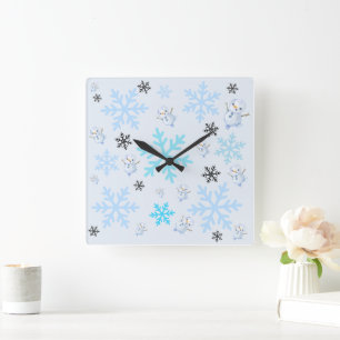 Cute snowmen and snowflakes in light blue square wall clock