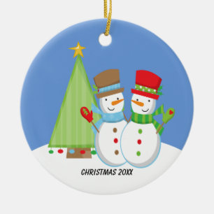 Cute Snowmen by Tree Christmas Ornament