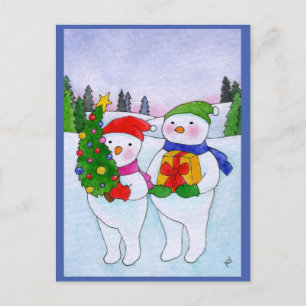 Cute snowmen Christmas landscape postcard