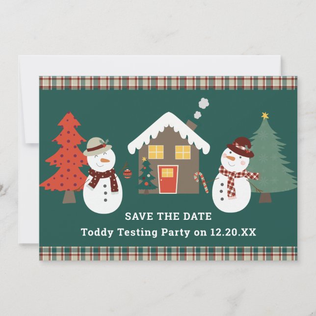 Cute Snowmen Christmas Plaid Save the Date Party Invitation (Front)