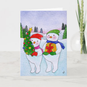 Cute Snowmen Christmas Tree Gift Holiday Card