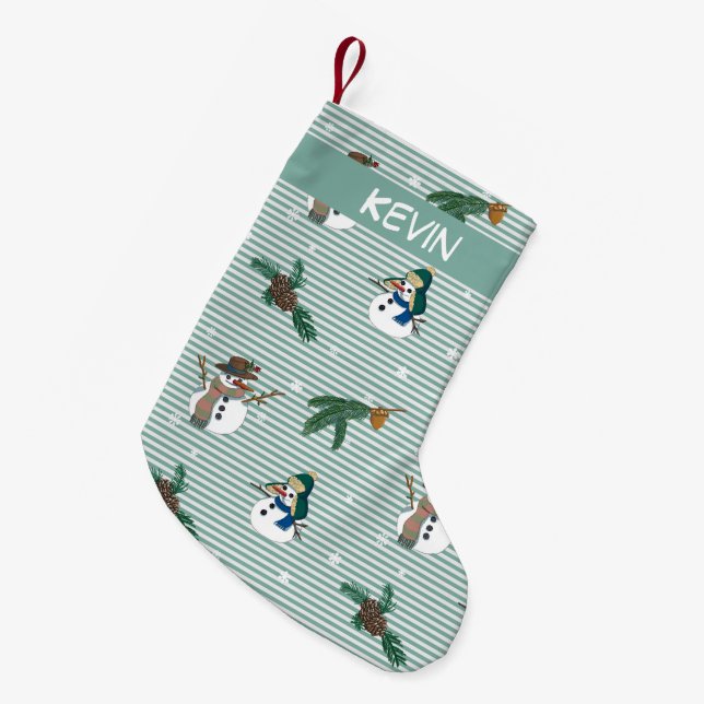 Cute snowmen. Customisable with the name. Small Christmas Stocking (Front (Hanging))