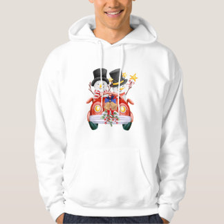 ☃️ Cute Snowmen Driving Red Christmas Car Hoodie