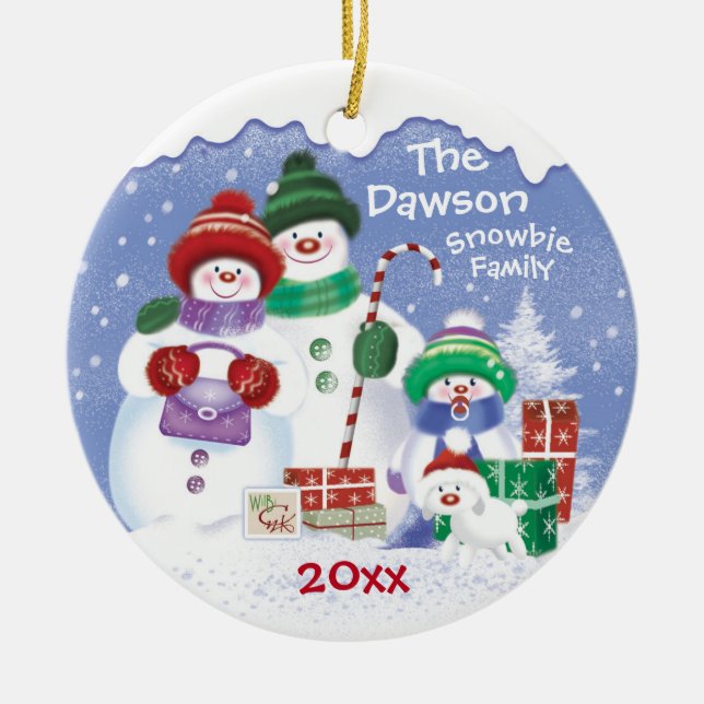 Cute Snowmen, Family of 3 Snowbies, Christmas Ceramic Tree Decoration (Front)