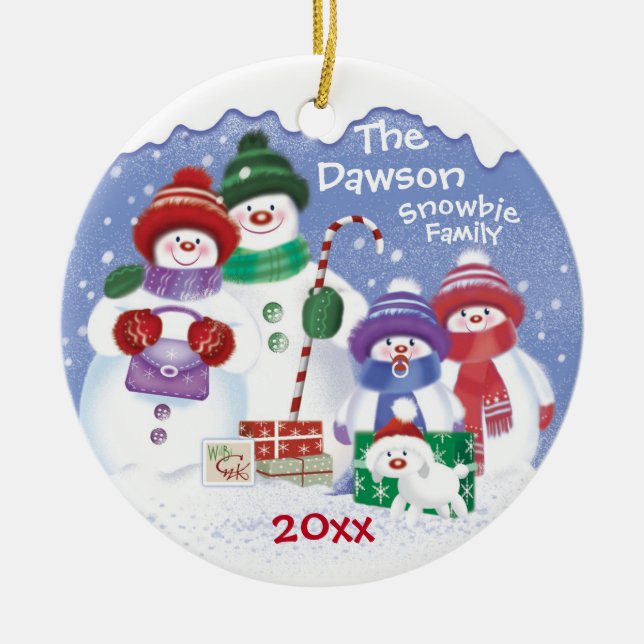"Cute Snowmen, Family of 4 Snowbies, Christmas Ceramic Tree Decoration (Front)