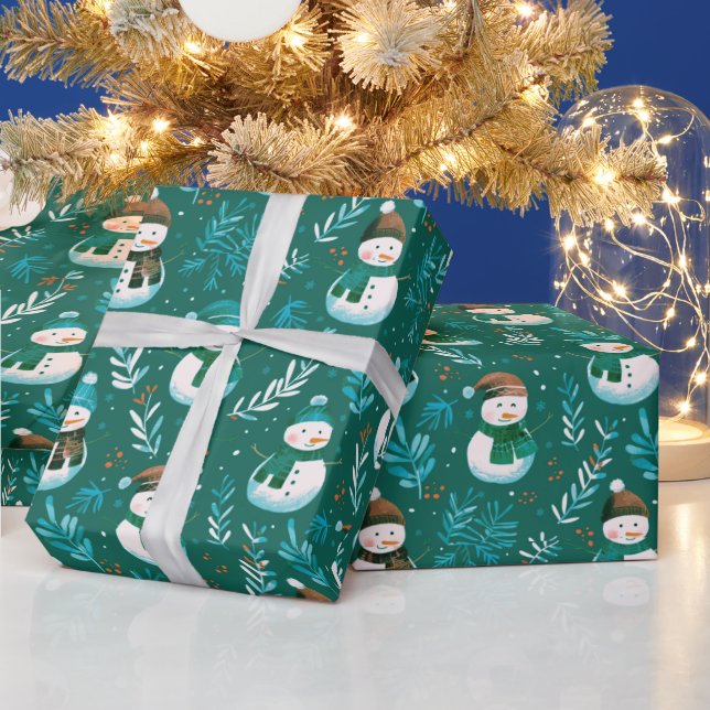 Cute Snowmen Greenery Green Christmas Wrapping Paper (Holidays)