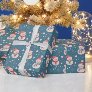 Cute Snowmen Greenery Snow Blue Christmas Wrapping Paper