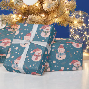 Cute Snowmen Greenery Snow Blue Christmas Wrapping Paper