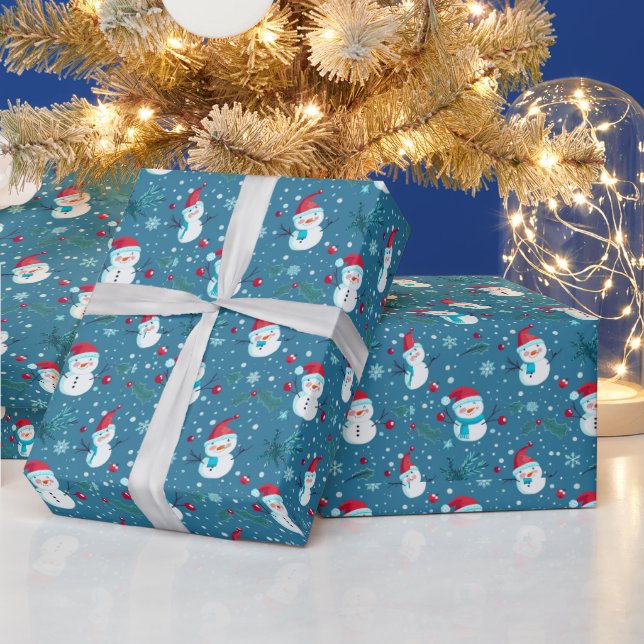 Cute Snowmen Greenery Snow Blue Christmas Wrapping Paper (Holidays)