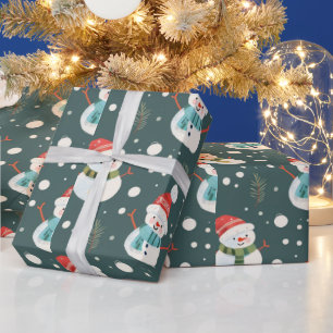 Cute Snowmen Greenery Snow Green Christmas Wrapping Paper