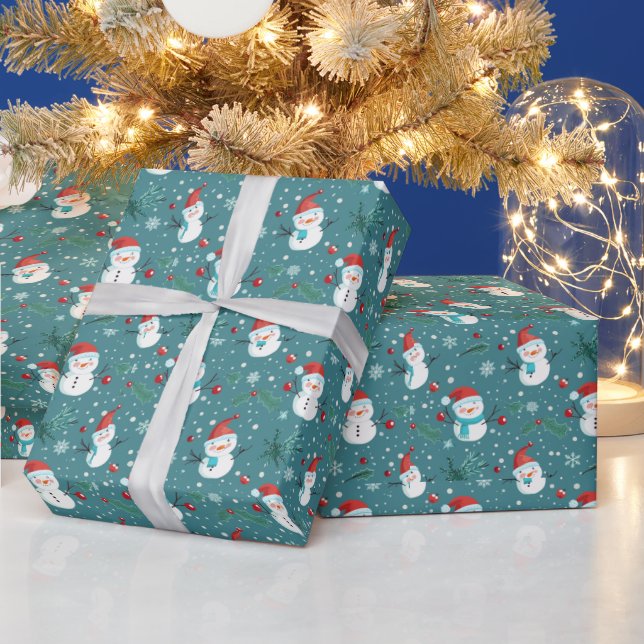 Cute Snowmen Greenery Snow Green Christmas Wrapping Paper (Holidays)