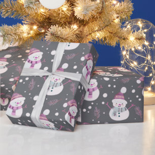 Cute Snowmen Greenery Snow Grey Christmas Wrapping Paper