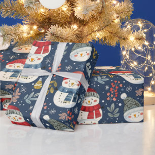 Cute Snowmen Greenery Snowflakes Blue Christmas Wrapping Paper