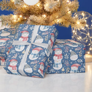 Cute Snowmen Greenery Snowflakes Blue Christmas Wrapping Paper