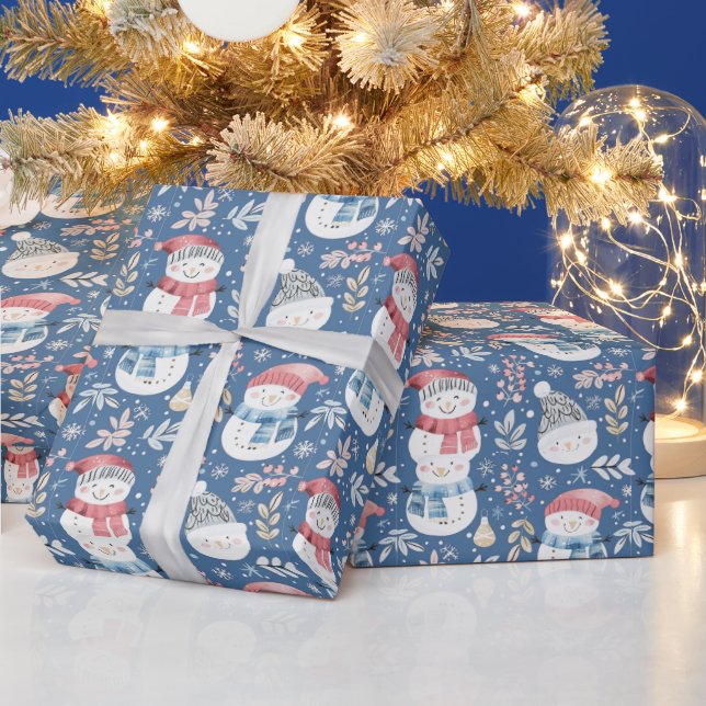 Cute Snowmen Greenery Snowflakes Blue Christmas Wrapping Paper (Holidays)