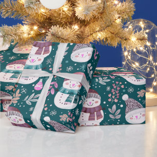 Cute Snowmen Greenery Snowflakes Green Christmas Wrapping Paper