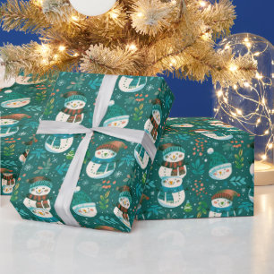 Cute Snowmen Greenery Snowflakes Green Christmas Wrapping Paper