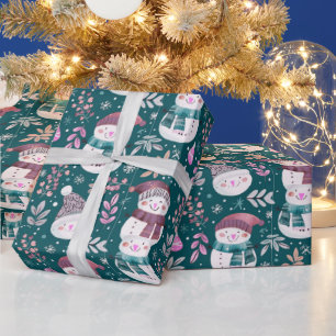 Cute Snowmen Greenery Snowflakes Green Christmas Wrapping Paper
