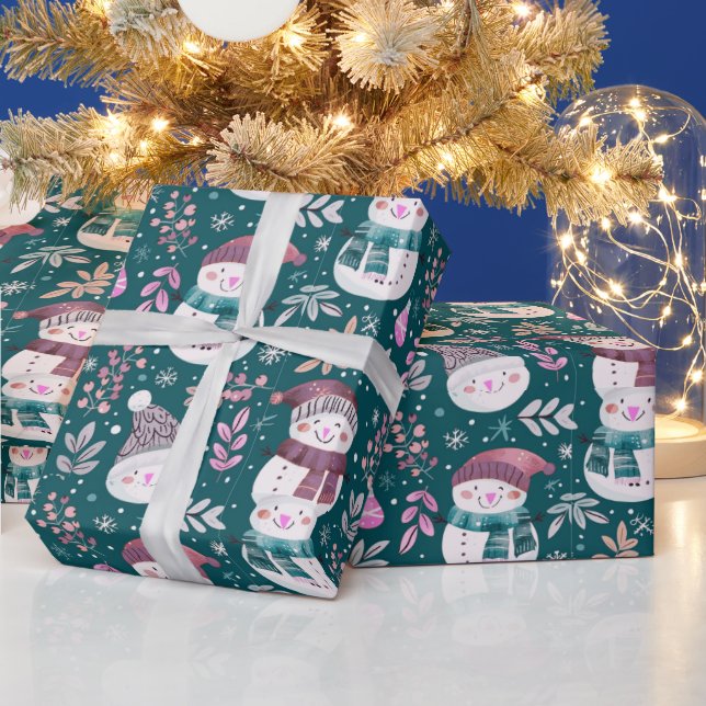 Cute Snowmen Greenery Snowflakes Green Christmas Wrapping Paper (Holidays)