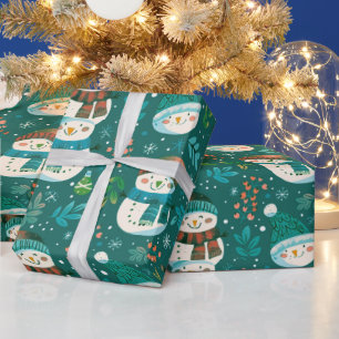 Cute Snowmen Greenery Snowflakes Green Christmas Wrapping Paper