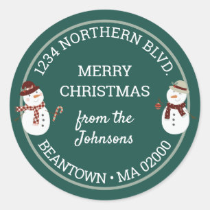 Cute Snowmen in Plaid Scarves on Teal Classic Round Sticker