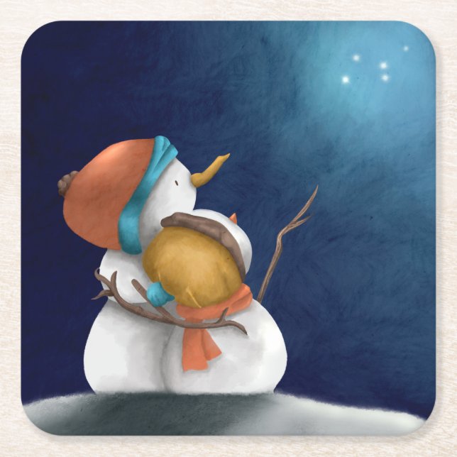 Cute Snowmen in Starry Night Christmas Holiday Square Paper Coaster (Front)