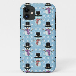 Cute Snowmen on Pale Blue Pattern iPhone 11 Case