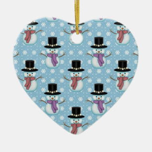 Cute Snowmen on Pale Blue Pattern Ceramic Tree Decoration